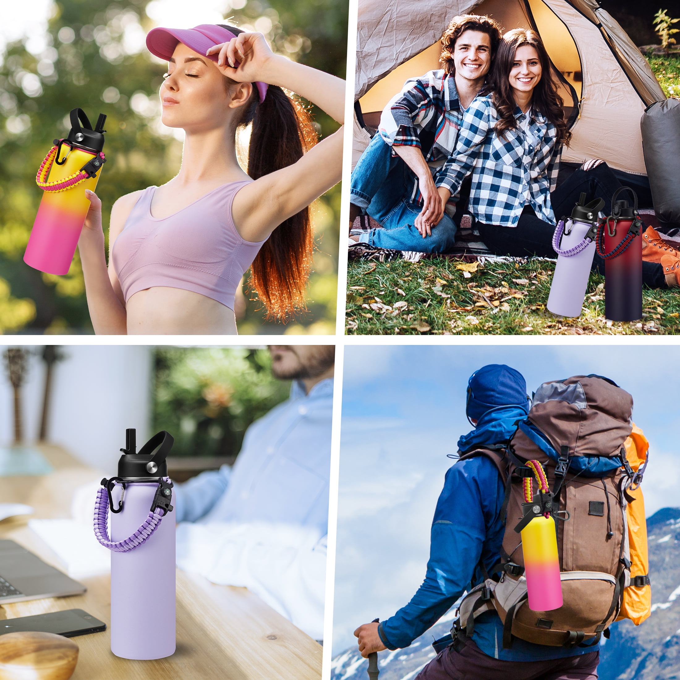 Vacuum Insulated Water Bottle 40oz - with Straw & Spout Lids, Paracord Handle for Sport, Protective Cup Mat, BPA-Free Reusable Insulated Water Bottle - Black Hydro Bottle with Straw,Cold-48H Hot-24H