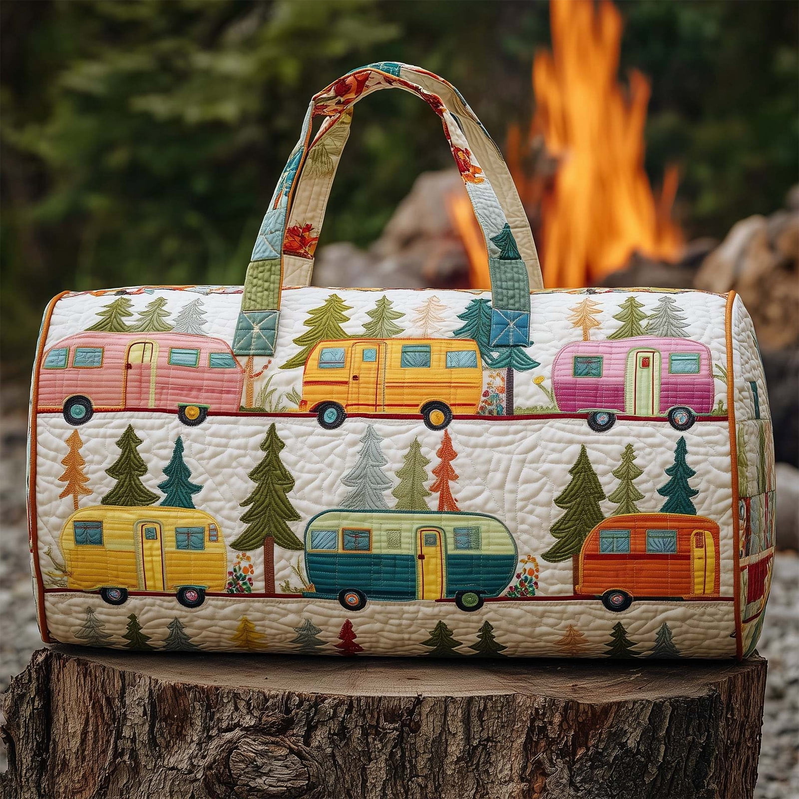 Quilted Hippie Van Duffle Bag with Adjustable Strap - Large Bohemian Travel Tote for Yoga Festival Gym Workout, Artistic Patchwork Carryall for Dance & Overnight Trips