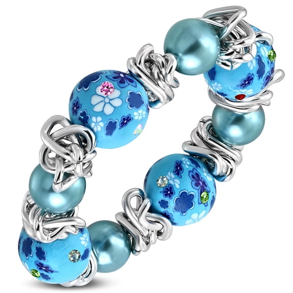 Fashion Alloy Yellow Gold-Tone Brown Blue Multicolor CZ Floral Stretch Bracelet, 8"