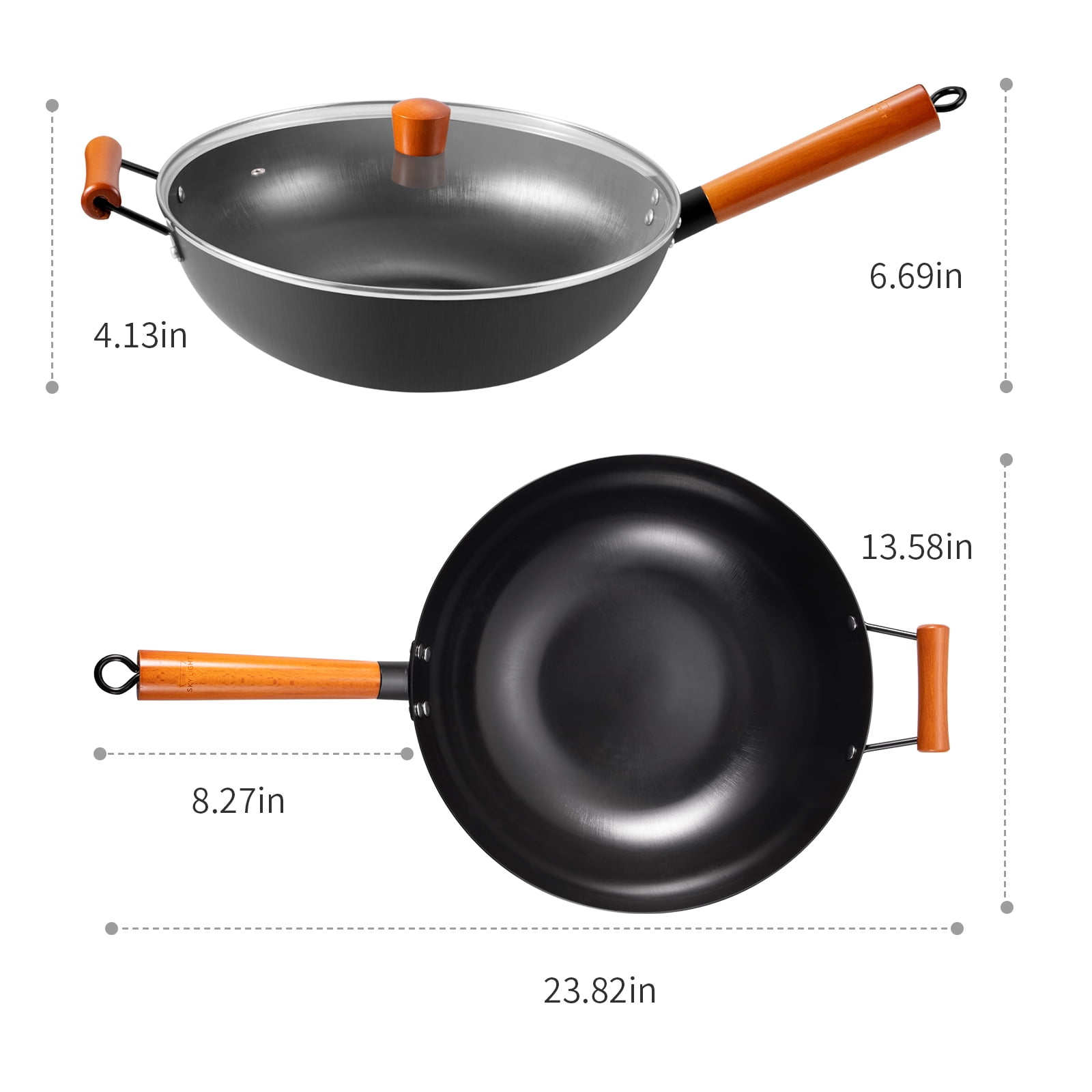 Chinese Cast Iron Wok + Spatula Set Carbon Steel Pan with Lid Flat Bottom  No Chemical Coated for All Stoves 36cm 
