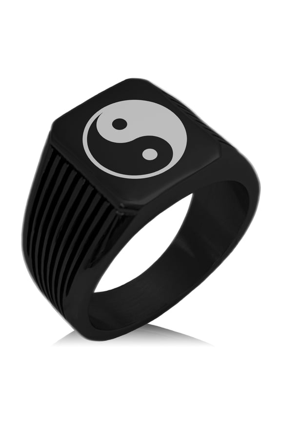 Stainless Steel Yin Yang Needle Stripe Pattern Biker Style Polished Ring