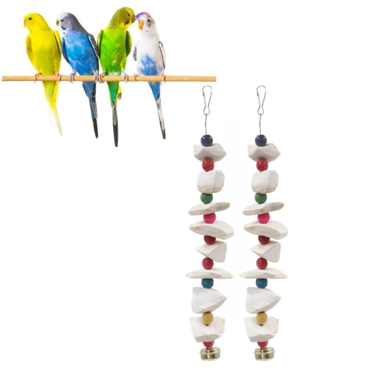 2 Pack Bird Toys with Cuttlebone, 12inch Parakeet Toys, Bird Beak Grinding Stone, Cage Accessories for Parakeets, Cuttlefish Bone for Budgies, Cockatiels, Lovebirds, Green Cheeks
