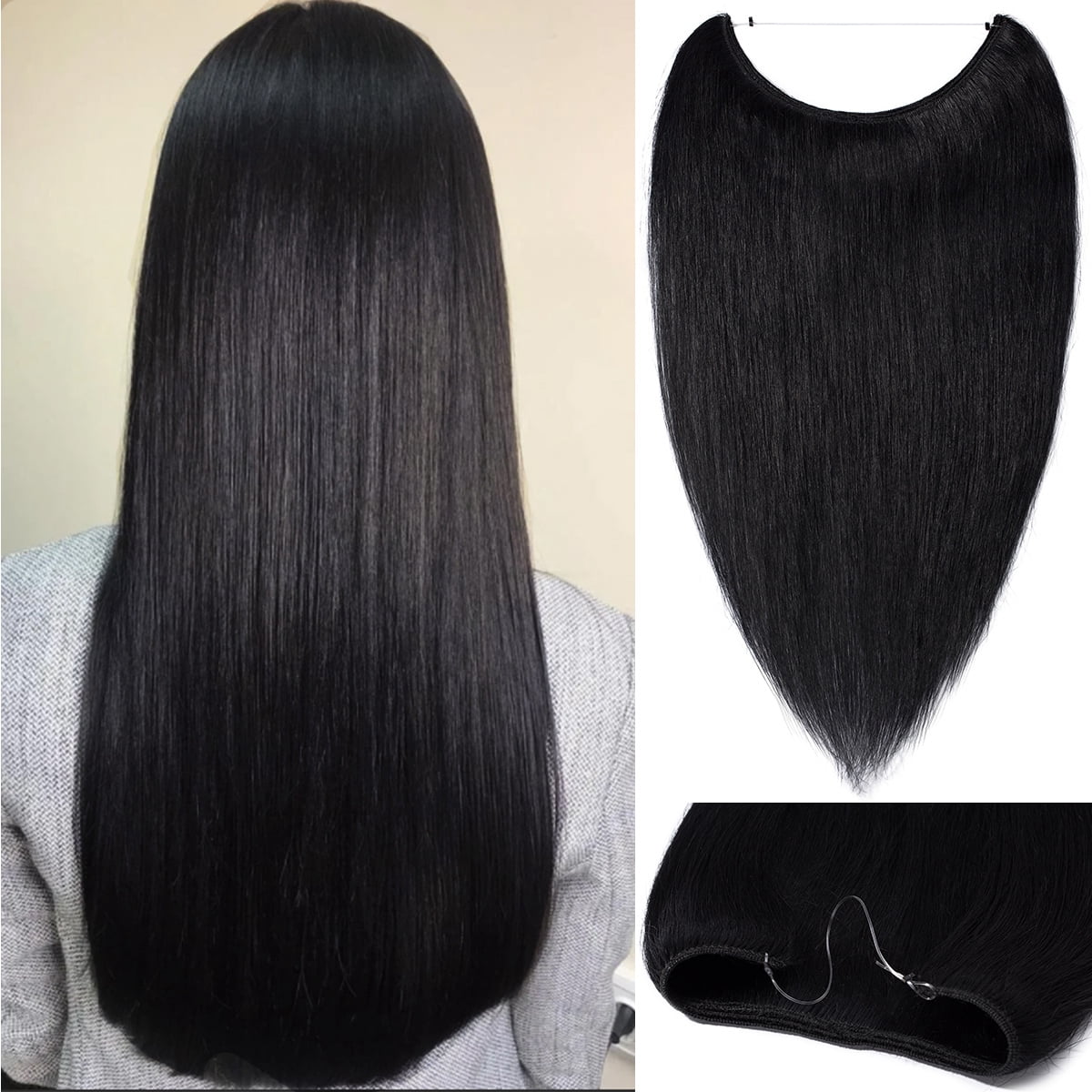 SEGO Wire in Human Hair Extensions Hidden Hair Extensions with Invisible Band Translucent Fish Line Hairpiece without Clip