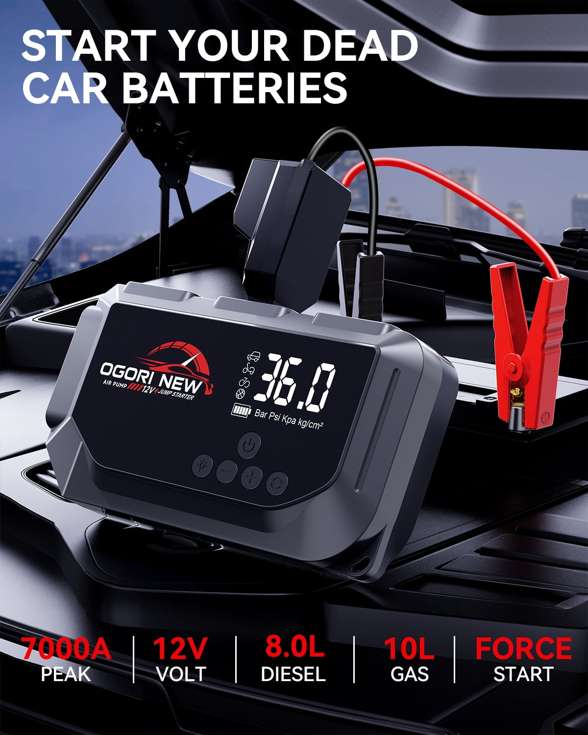 OGORI 7000A Car Jump Starter with Air Compressor 150PSI, 12V Portable Jump Box Battery Booster Charger (Up to 10.0L Gas/8.0L Diesel), Car Jumper Starter with LCD Display & 3-in-1 Emergency LED Light