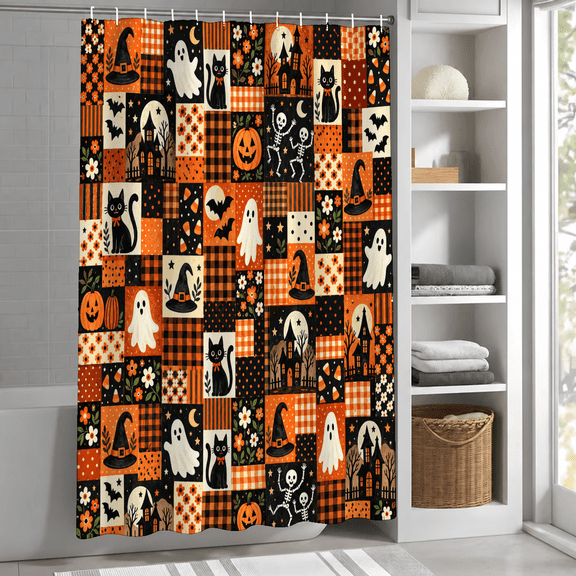 Halloween Shower Curtain, Cute Cartoon Plaid Patchwork Waterproof Fabric, Orange Black, 72 in x 72 in