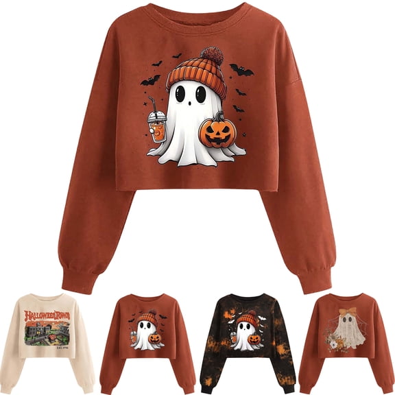 Tqyyweavej Halloween Crop Sweatshirt Women Pumpkin Ghost Bat Workout Crew Neck Pullover Top Loose Fit Lantern Long Sleeve Shirts for Women