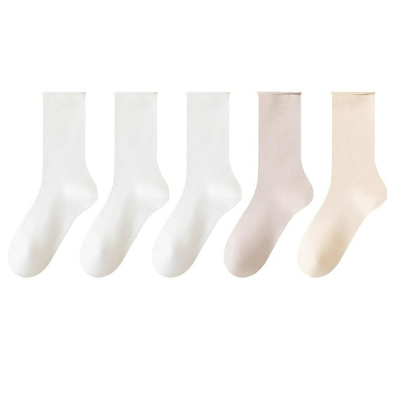 Lovskoo Women's Crew Socks Casual Cotton Mid-Calf Solid Color Socks Comfortable Warm Breathable Multicolor Socks 5 Pack Beige
