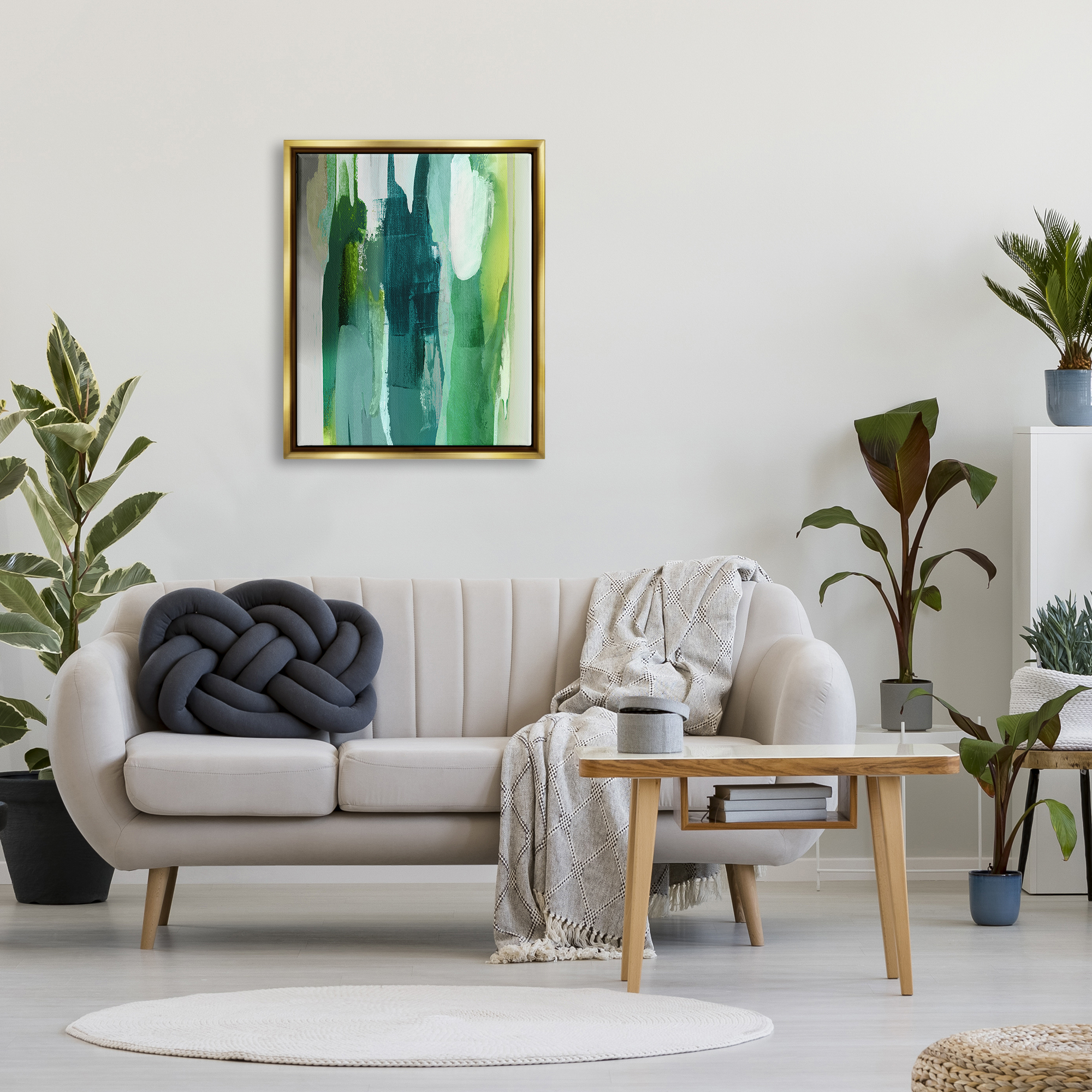 Stupell Industries Green Asymmetrical Abstract Abstract Painting Gold Floater Framed Art Print Wall Art, 25 x 31