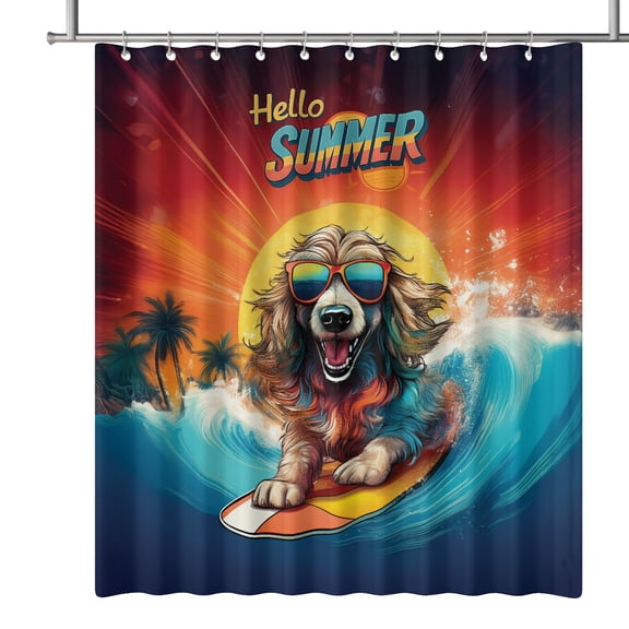Retro Surfing Afghan Hound in Cool Sunglasses Hello Summer Waves Shower Curtain Dog Lover Waterproof Bathroom Bathtub Curtain - 10001
