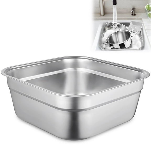BOSREROY Large Kitchen Sink Dish Tub, Durable Stainless Steel Vegetable Wash Basin, Multi-Purpose Square Container, Home Use Dishpan, Silver