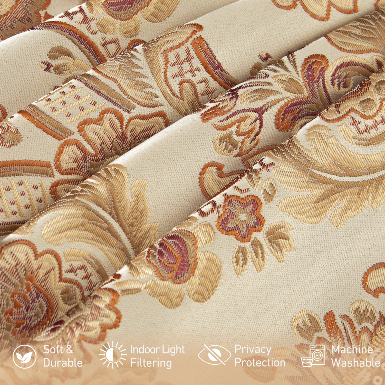 VOGOL Beige Damask Valance, Beaded Tassels Swag Curtains 138x43 Inches for Villa Windows