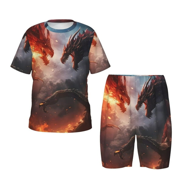 Balery Fire Sky Dragon Conjunto de Pijama Infantil de Manga Corta con Estampado – Ropa de Dormir de Algodón Suave-Medium