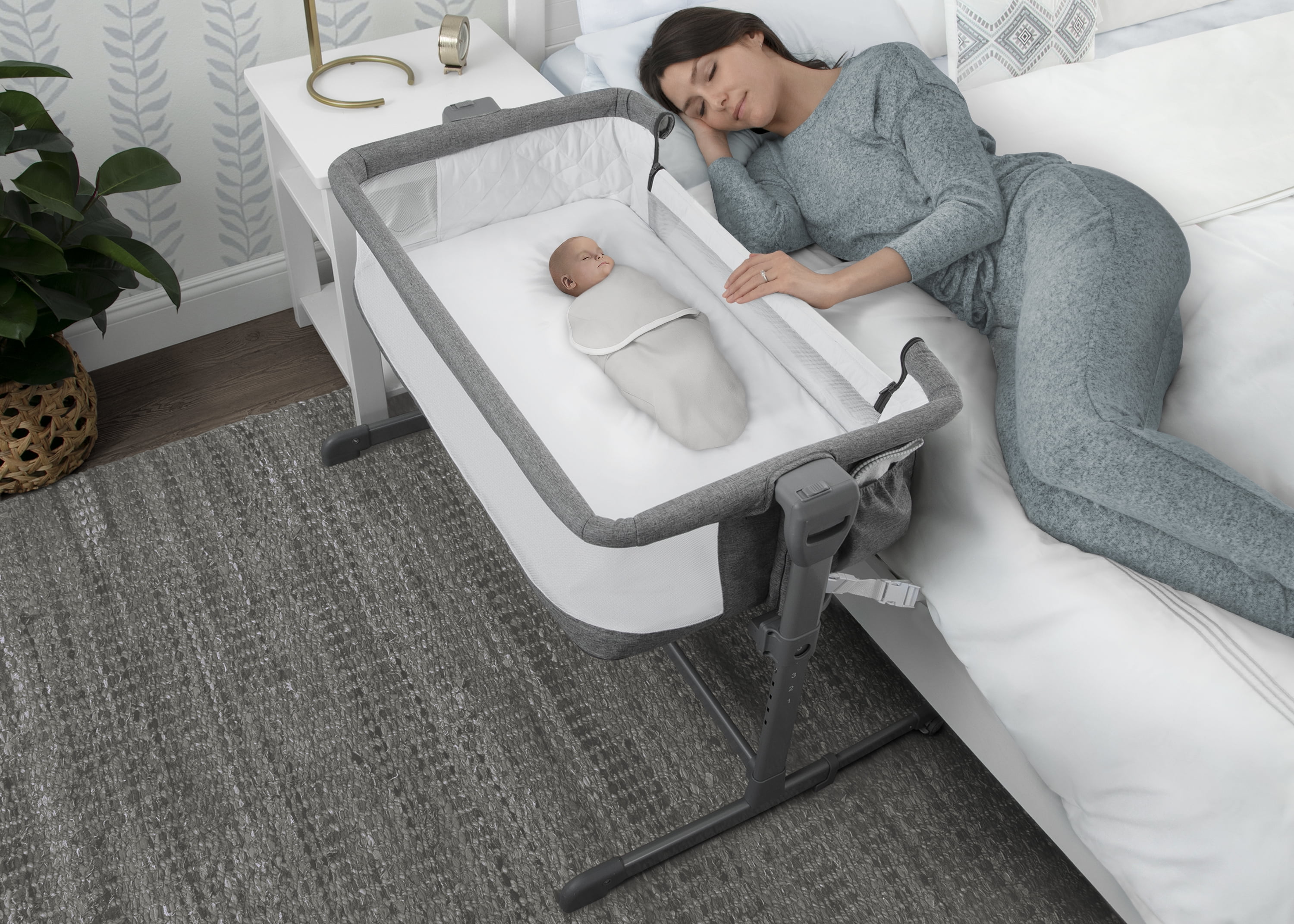 Delta Children Close2Me Bedside Baby Bassinet Sleeper with Breathable Mesh and Adjustable Heights - Lightweight Portable Crib, Grey