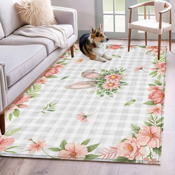 Area Rugs for Living Room Bedroom, Pink Floral Easter 4'x6' Rug Washable Carpet Runner Indoor Outdoor, Spring Flowers Grey Plaid Pastoral Non Slip Accent Floor Mats Rug for Kitchen, Office