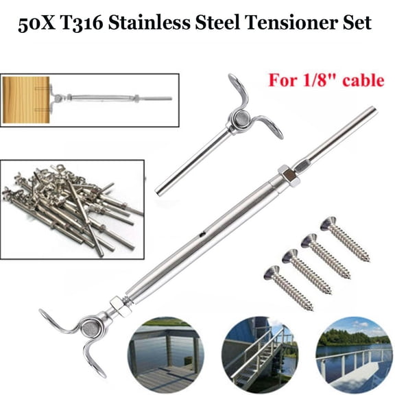 DUYIWAA 50 Packs T316 Stainless Steel Threaded Swage Stud Turnbuckle Tensioner Set for 1/8" Cable Railing Wire Railing Tensioner Hardware Kit with Deck Toggle Hand Tools for Outdoor Indoor Silver