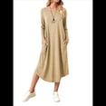 thumbnail image 1 of Vestido Informal Holgado de Cuello Redondo y Larga para Mujer, con Bolsillos Inclinados y Dobladillo Curvo. Caqui L, 1 of 9