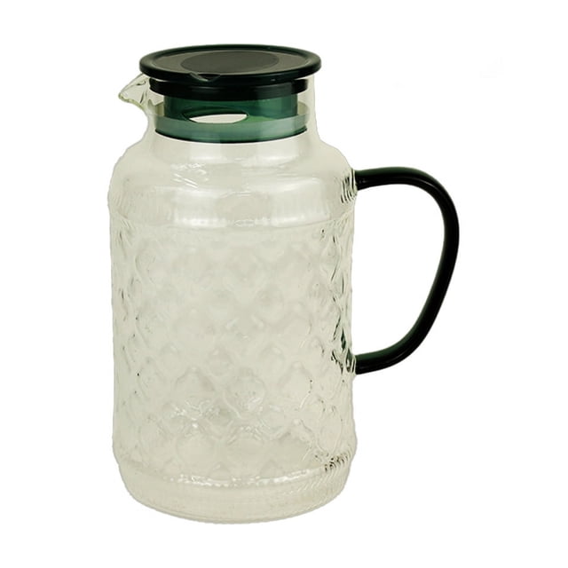 Set de Jarra de Vidrio con Tapa Verde y Vasos Grabados Transparentes | 1 Jarra + 4 Vasos | Apto para Refrigerador