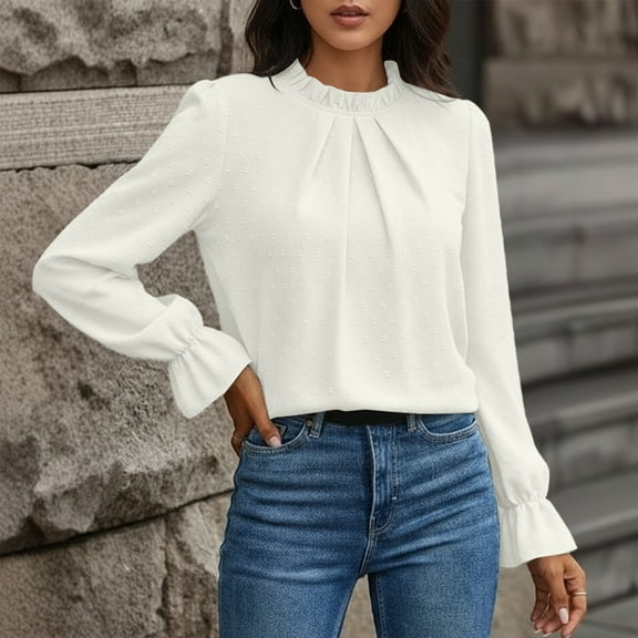 Adeawade Womens Tshirt Long Sleeve Solid Color Tops Round Neck Classic Tee Clothing M White