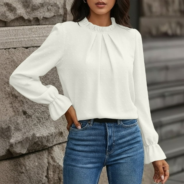 MHFRRA Elegante Camisa de Punto Jacquard de Manga Larga con Cuello Redondo, Corte Entallado, Blusa Básica de Color Liso para Uso Informal Blanco