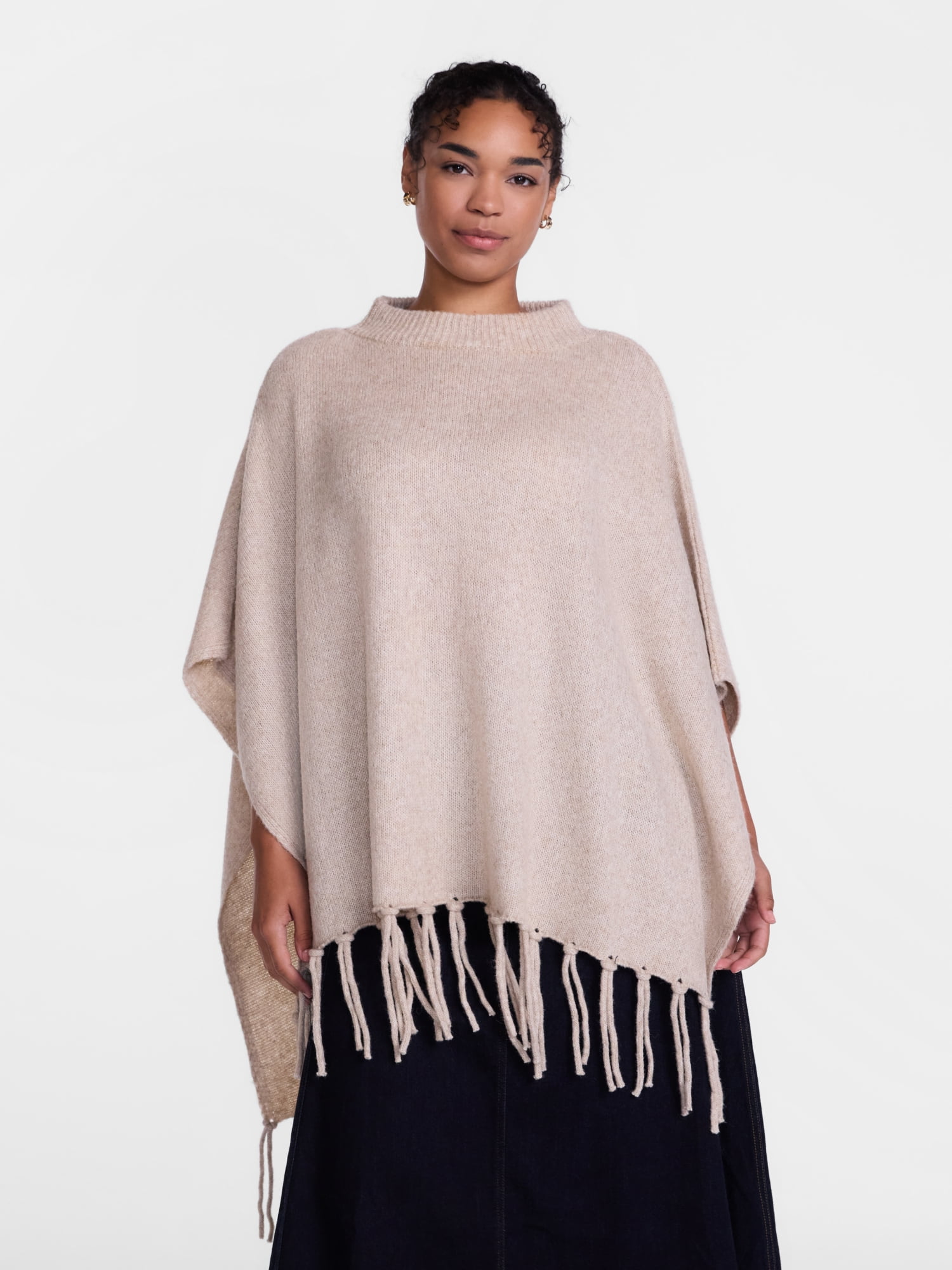 Scenario Women's Mock Neck Fringe Poncho, Sizes S-XL