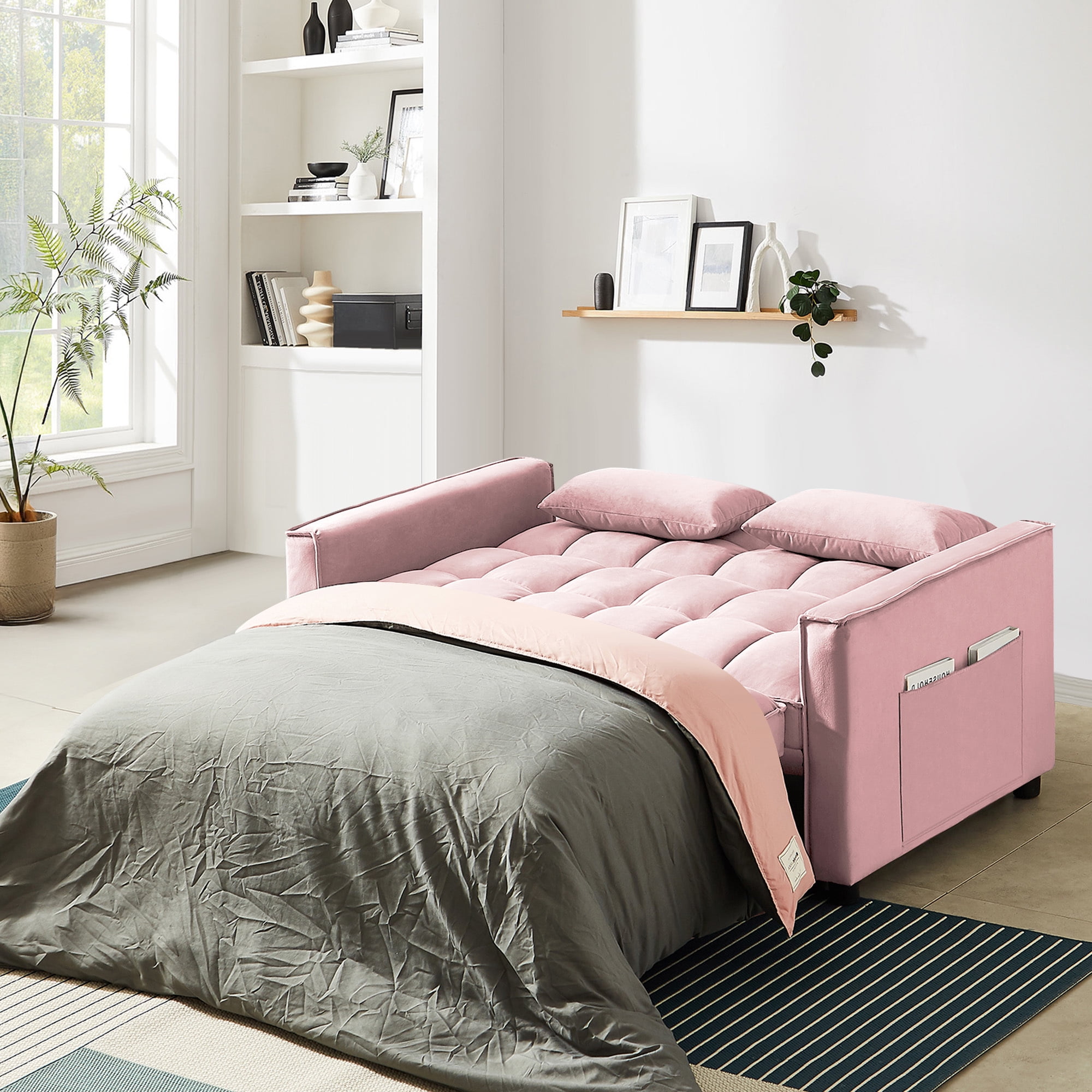 Lunale 4-in-1 Convertible Futon Sofa Bed, Pull Out Couch Beds Loveseat Sleeper, Pink Velvet