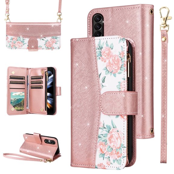 Furiet for Samsung Galaxy Z Fold 4 5G 2022 Floral Wallet Case with Zipper Purse Wrist Strap Shoulder Strap, Glitter PU Leather Card Holder Stand Phone Cover for ZFold4 Z4 Fold4 4Z ZFold45G Rose Gold