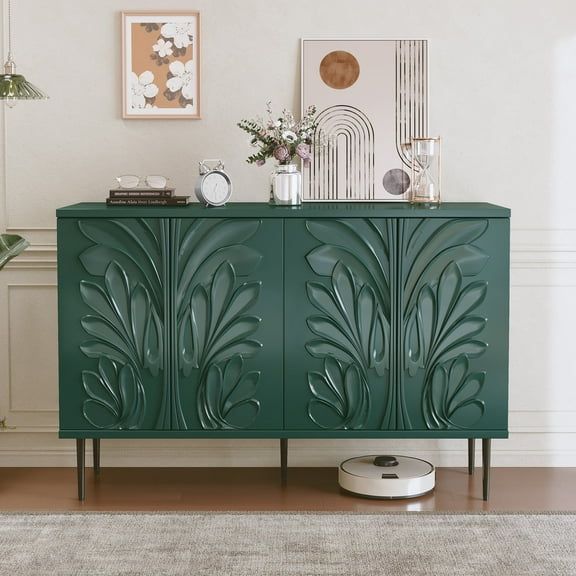 HLR 47.24"W Modern 4-Door Credenza with 3D Floral Doors & Shelves, Storage Sideboard for Dining Room, Kitchen Green