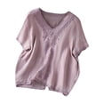 thumbnail image 2 of Antinious Summer Tops for Women Trendy,Sweatshirt for Women,Ladies Imitation Linen Embroidered Short Sleeved V-Neck Pullover Fashionable Top,Purple,XL, 2 of 5