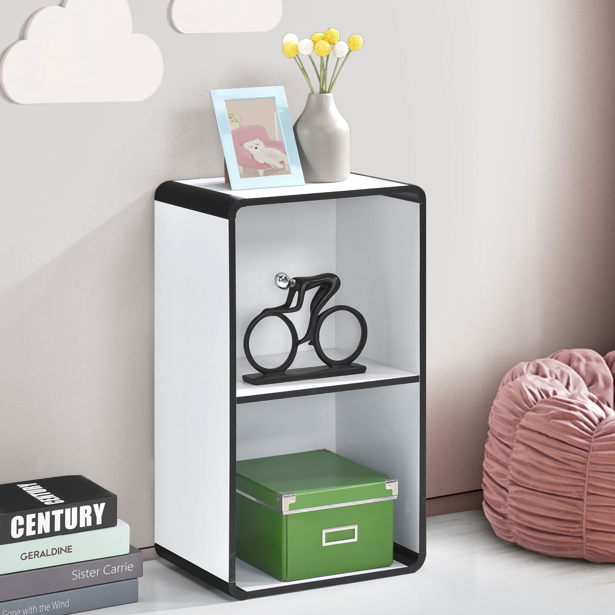 Kings Brand Furniture Dothan 2-Tier Cube Open Bookcase - Space Saving Storage Shelf Organizer Bookshelf, White