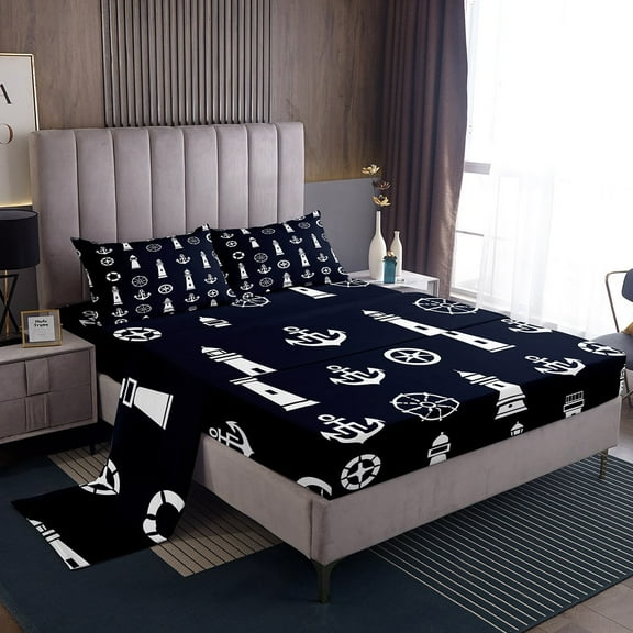 Erosebridal Ocean Anchor Lighthouse Sheet Set Twin,Nautical Theme Bedding Sets Twin Size,Breathable Bed Sheets Twin,Marine Decor,3pcs