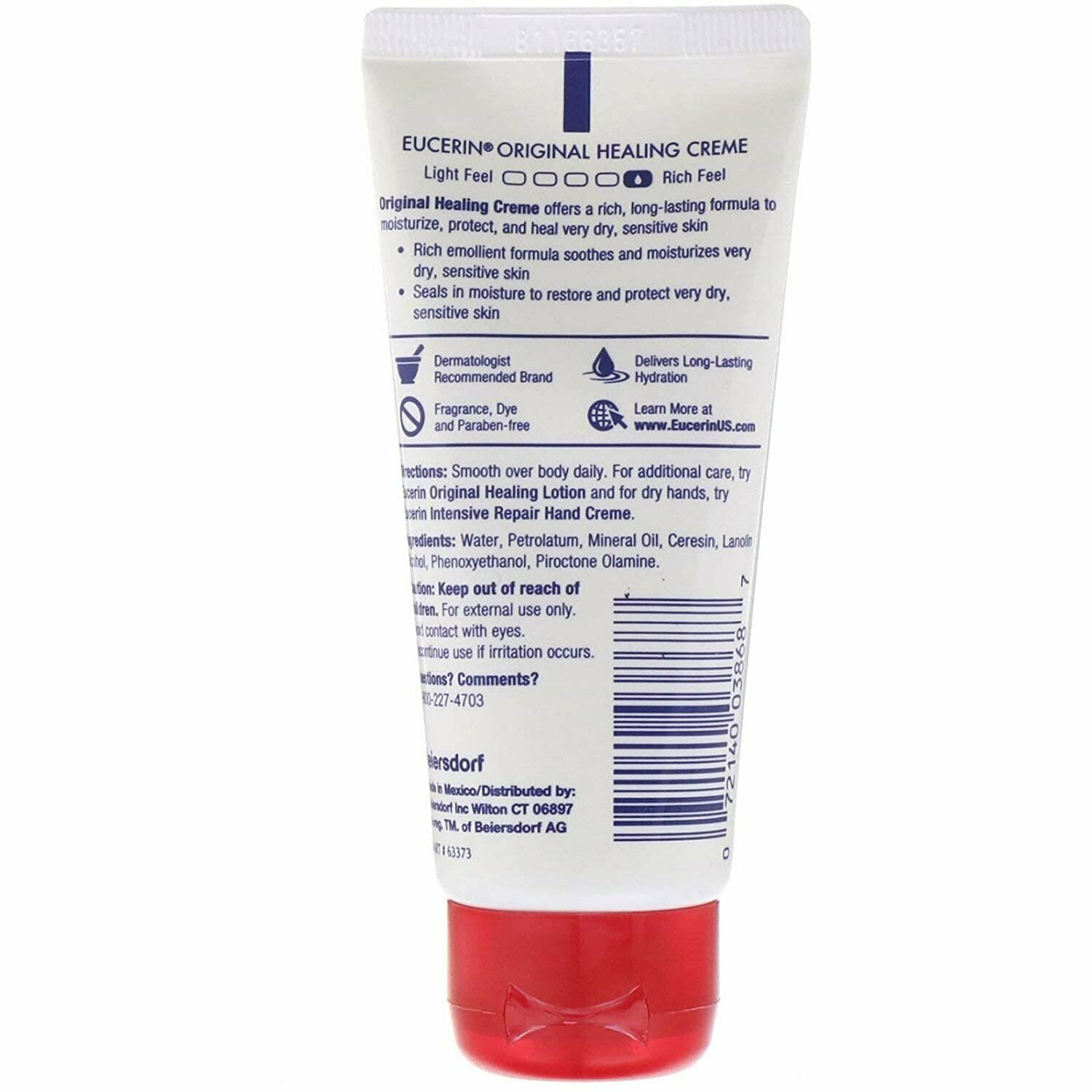 Eucerin Original Healing Emollient Rich Creme Fragrance, 2 oz, 4 Pack