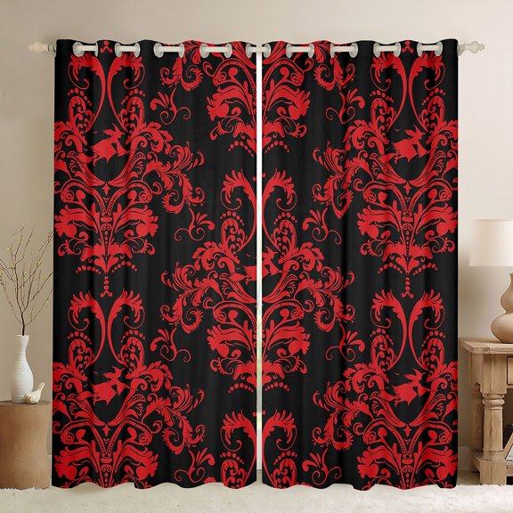jejeloiu Victorian Baroque Print Black Out Curtains,Red Damask Floral Curtains Pack of 2 (42x63 Each),Spooky Halloween Witch Bedroom Curtains For Girls Boys,Uper Cozy Room Decor
