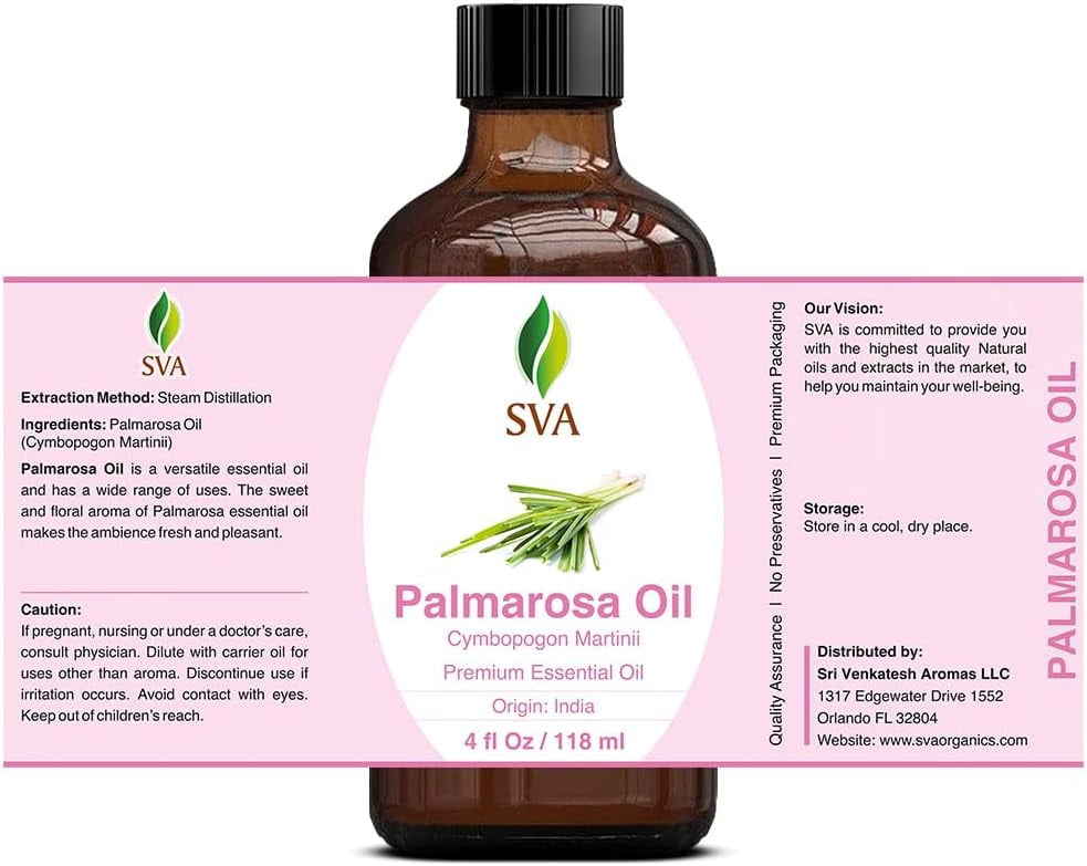 SVA Palmarosa Essential Oil – 4 Fl Oz – 100% Natural Palmarosa Oil - for Diffuser, Hair Care, Face, Skin Care, Aromatherapy, Scalp and Body Massage, Soap and Candle Making – with Dropper