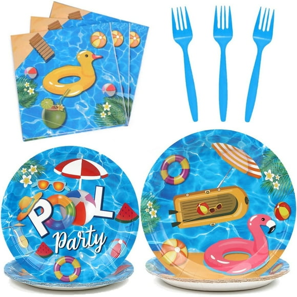 Pack de Fête de Plage - Ensemble de 64 Pcs pour Fêtes d'Été à la Piscine! Comprend Assiettes, Serviettes, Fourchettes et Décorations pour Anniversaires à Thème Plage Hawaii. pour 16 Invités.