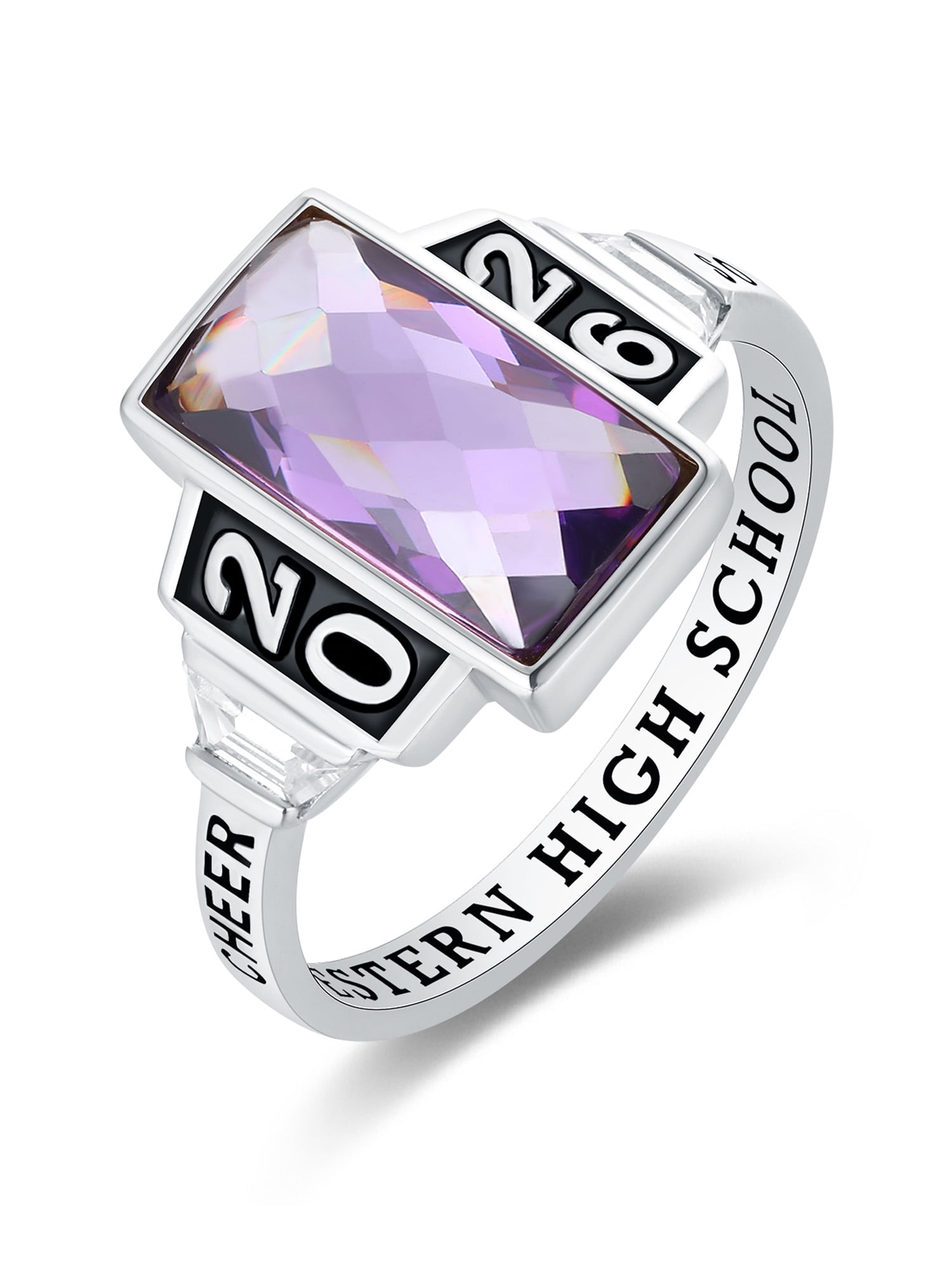 Mementos USA Custom Sterling Silver Class Ring for Women High School College-Platinum-Checkboard