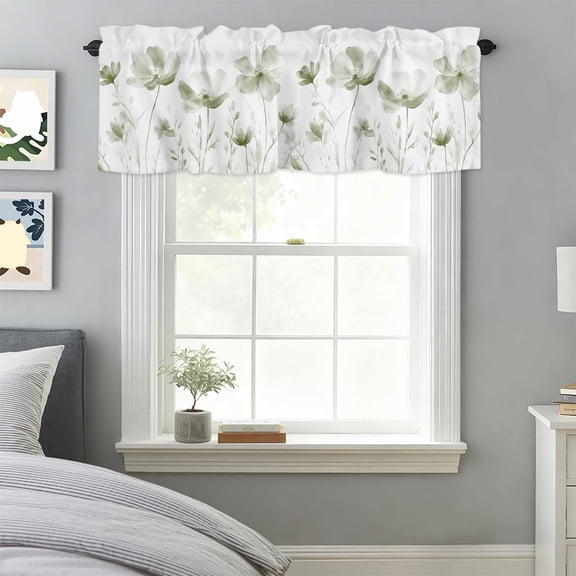 Sage Green Flowers Window Valance for Kitchen, Watercolor Plants Rod Pocket Short Curtain for Small Windows, Light Filtering Decorative Valance, 60 x 14 Inch, 1 Panel