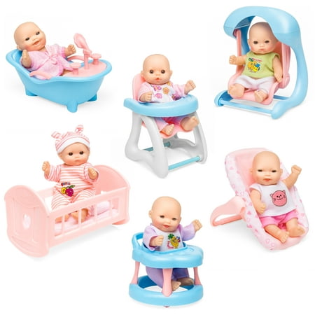 Best Choice Products Set of 6 Mini Baby Dolls Toy w/ Cradle, High Chair, Walker, Swing, Bathtub, Infant (Best Of Ken Jeong)