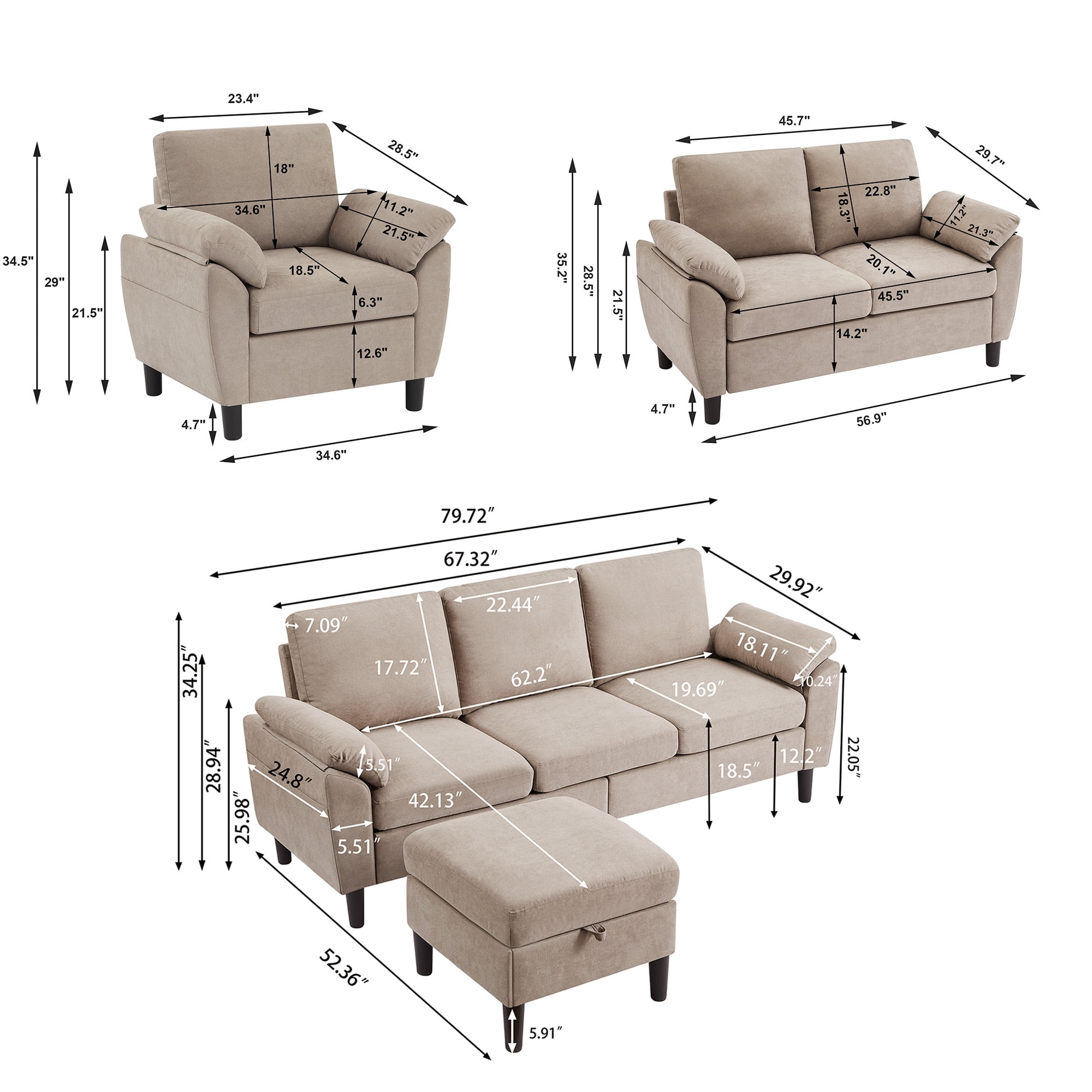 Jarenie Modern Fabric L-Shapped Sofa Sectional Couche for Living Room Convertible Sofa with Ottoman