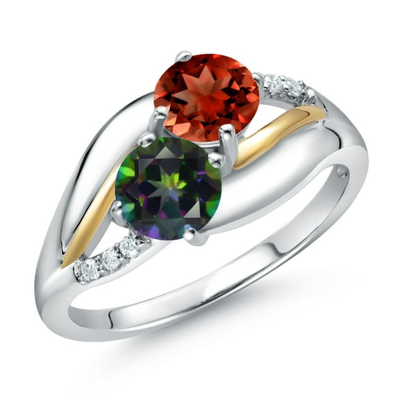Gem Stone King 925 Sterling Silver and 10k Yellow Gold Green Mystic Topaz Red Garnet and White Lab Grown Diamond 2 Stone Engagement Ring for Women (1.59 Cttw, Round 5MM, Gemstone, Size 7)