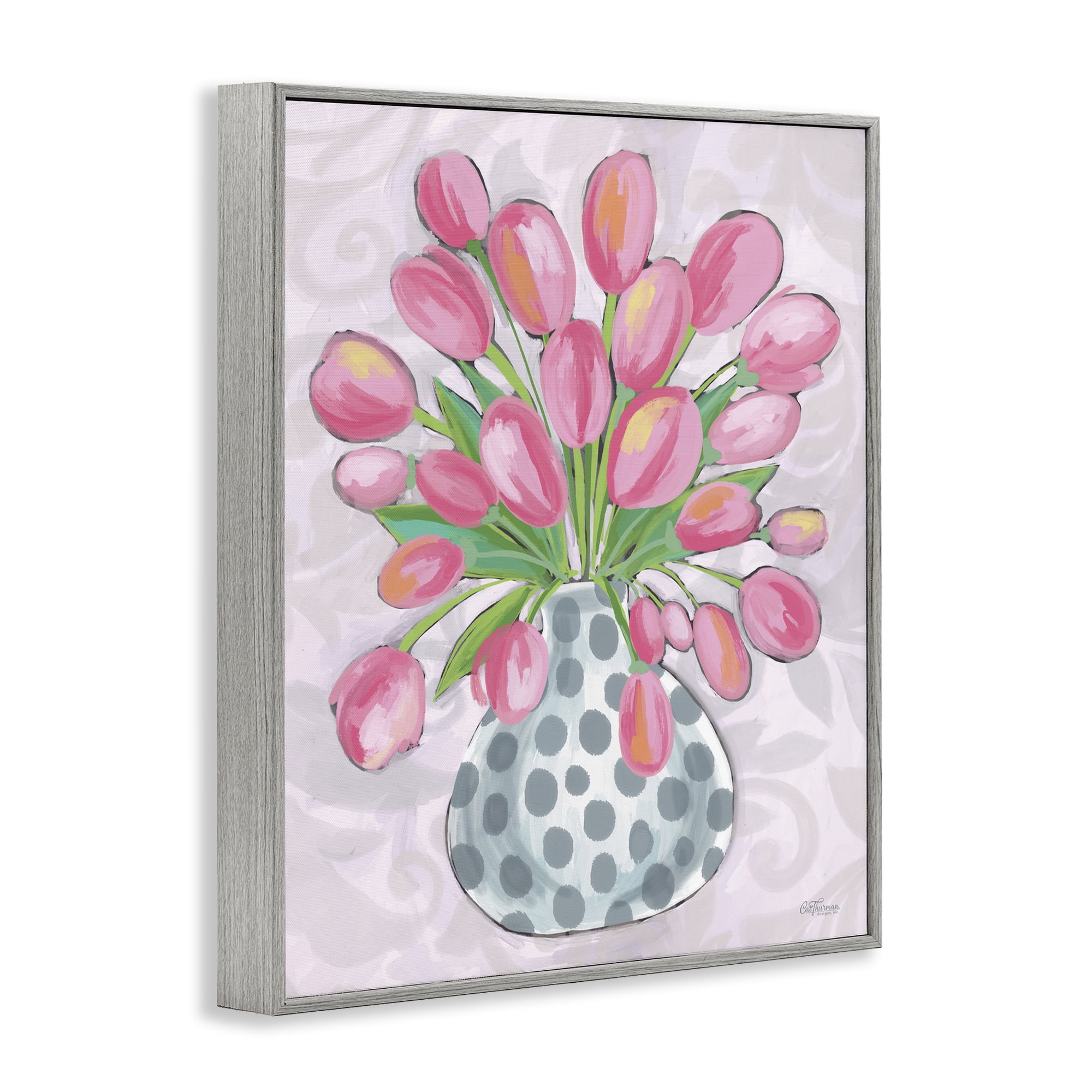 Stupell Industries Round Pink Tulips Botanical & Floral Painting Gray Framed Art Print Wall Art, 11 x 14
