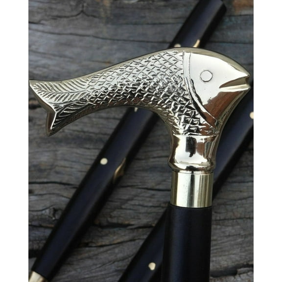 Handmade Wooden Walking Cane Golden Fish Head | Solid Wood | Brass Inlaid Shaft | Deluxe Beautiful walking stick