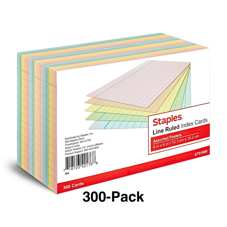 Staples Ruled 4 inch x 6 inch Index Cards Assorted Pastel 300/Pack (51000) 916355