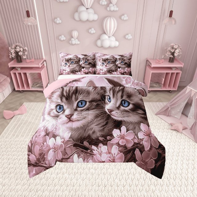 Erosebridal Animal Cat Bedding King Comforter Set,Pink Flower Bedding Sets King with Comforter,Breathable Reversible Comforter Sets King Size,Floral Room Decorative,3pcs