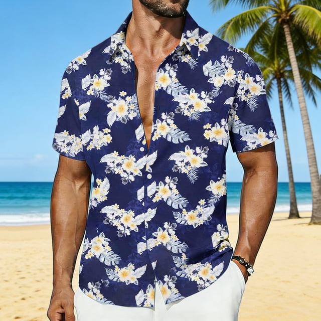 Ceisia Men's Tropical Floral Print Short Sleeve Button Down Hawaiian Shirt for Beach Vacation Navy XXL Gifts