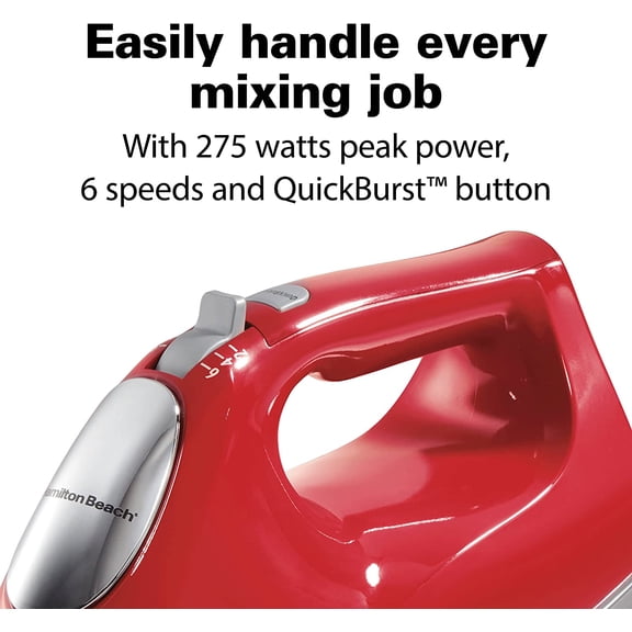 6-Speed Electric Hand Mixer with Whisk, Traditional Beaters, Dough Hooks, Snap-On Storage Case, 275 Watts, Red