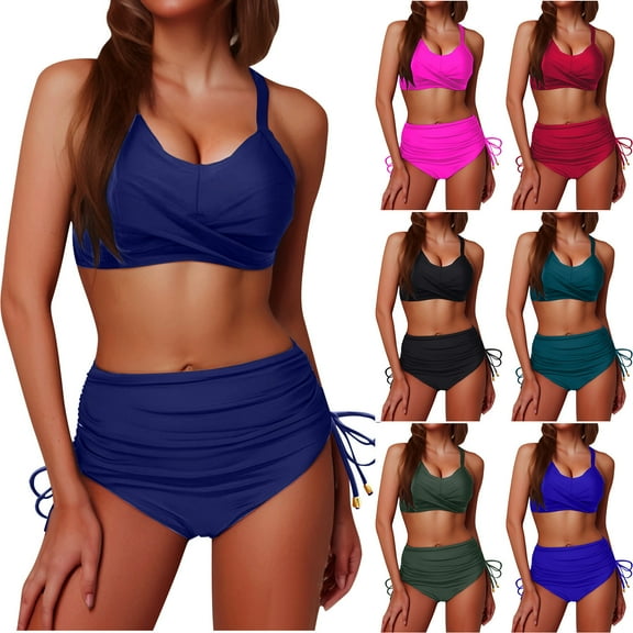 UTSJKR Womens String Bikini Sets High Waisted Ruched Two Piece Swimsuits Tummy Control Crisscross Tie Back Bathing Suit Red M