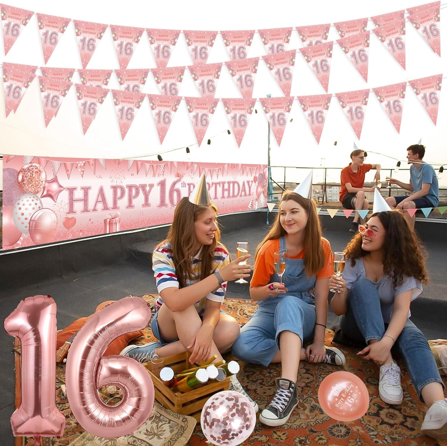 Rose Gold 16th Birthday Decorations Girl, sweet 16 Birthday Yard Sign Banner, Triangle Flags and Latex Printed Confetti Balloons, 16 Years Old Sixteen Birthday Party House Garden Supplies