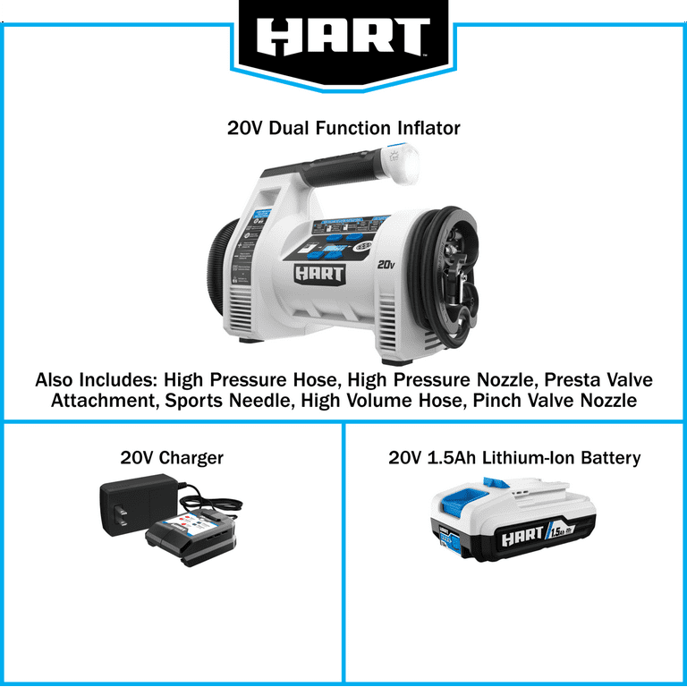 HART 20-Volt Cordless Dual Function Digital Inflator Kit (1) 20-Volt 1.5Ah Lithium-Ion Battery HART 20-Volt Cordless Dual Function Digital Inflator Kit (1) 20-Volt 1.5Ah Lithium-Ion Battery