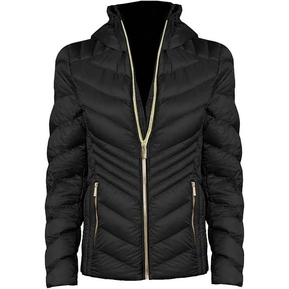 Michael Michael Kors Women's Black Chevron Double Layer Zipper 3/4 Hooded Packable Coat