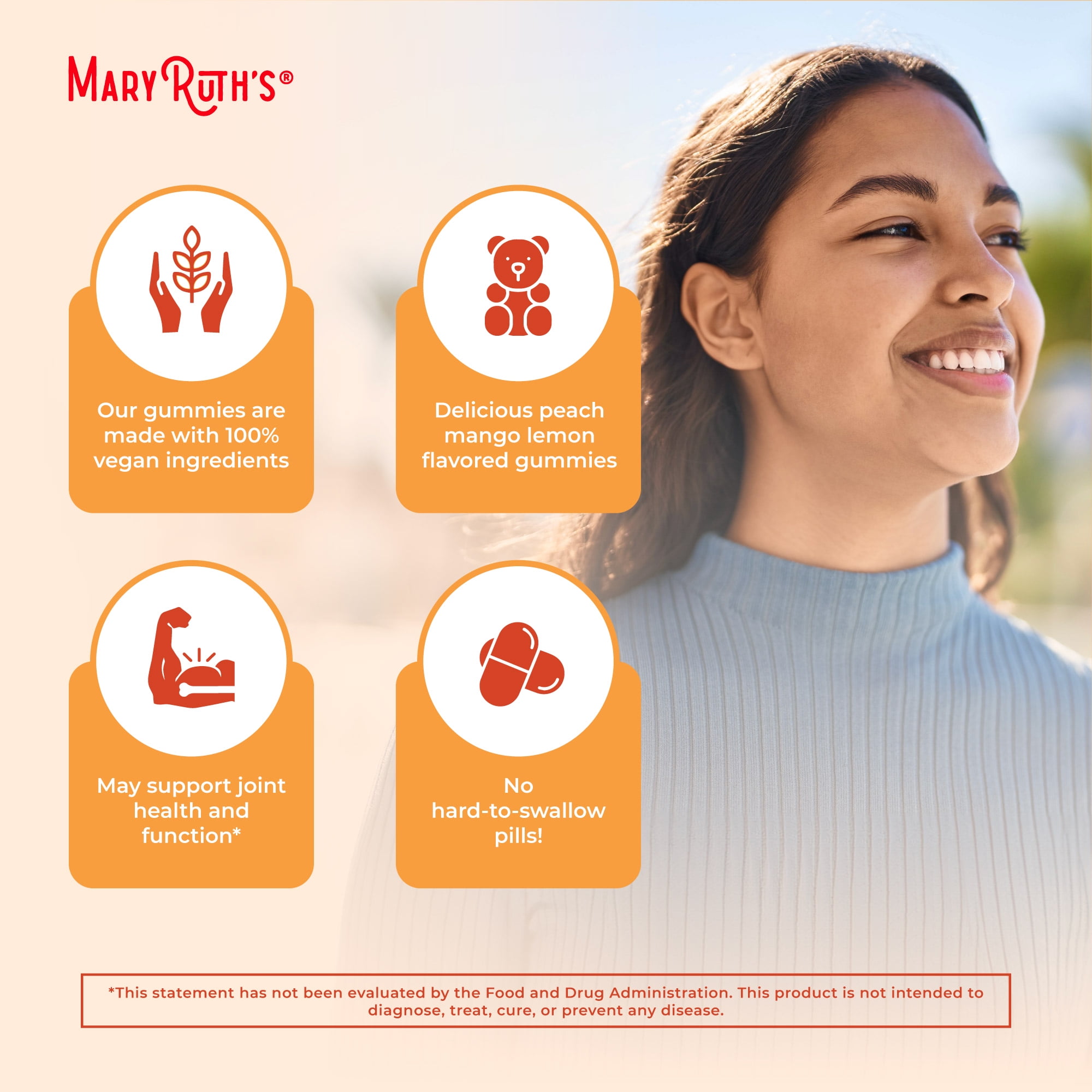 MaryRuth's Turmeric Gummies with Curcumin, Vegan, Non-GMO, Gluten Free, Peach, Mango & Lemon, Unisex, Adults 18+, 120 Count